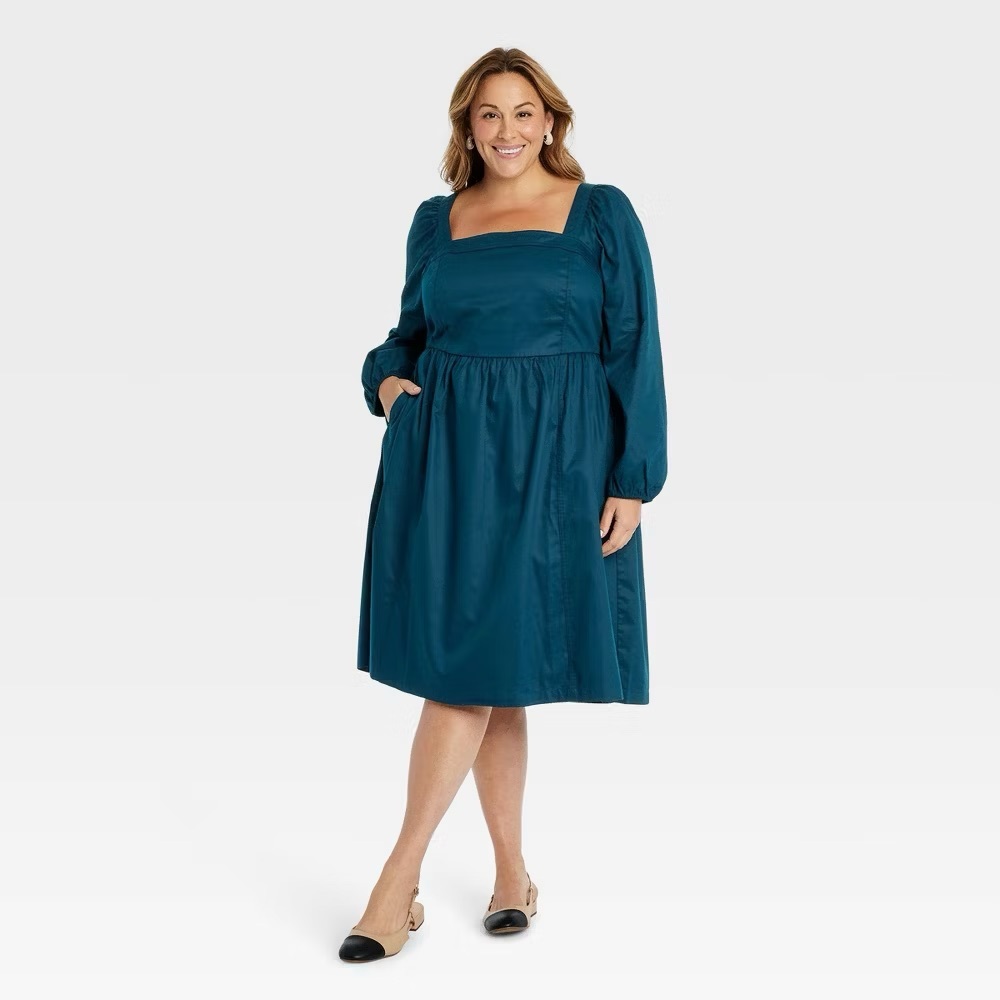 Ava & Viv Aline Midi Dress Square Neck Balloon Sleeve Teal 3X